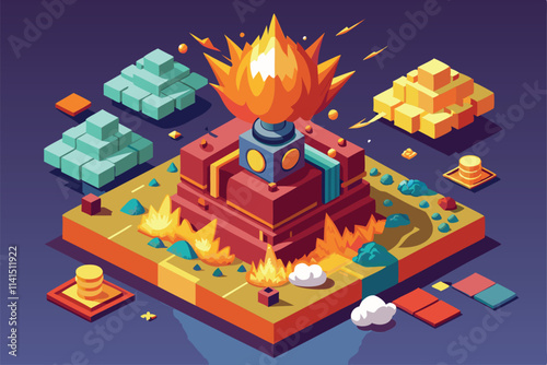 A customizable explosion erupts in a colorful, abstract isometric landscape filled with geometric shapes Explosion Customizable Isometric Illustration