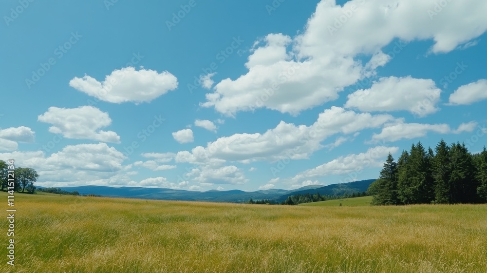 Expansive Green Meadow Under Bright Blue Sky with Fluffy Clouds Expansive Green Meadow Under Bright Blue Sky with Fluffy Clouds