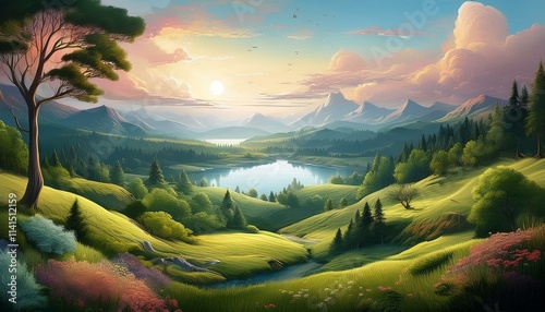 Beautiful colorful painting depicting a serene landscape, captured background art wallpaper