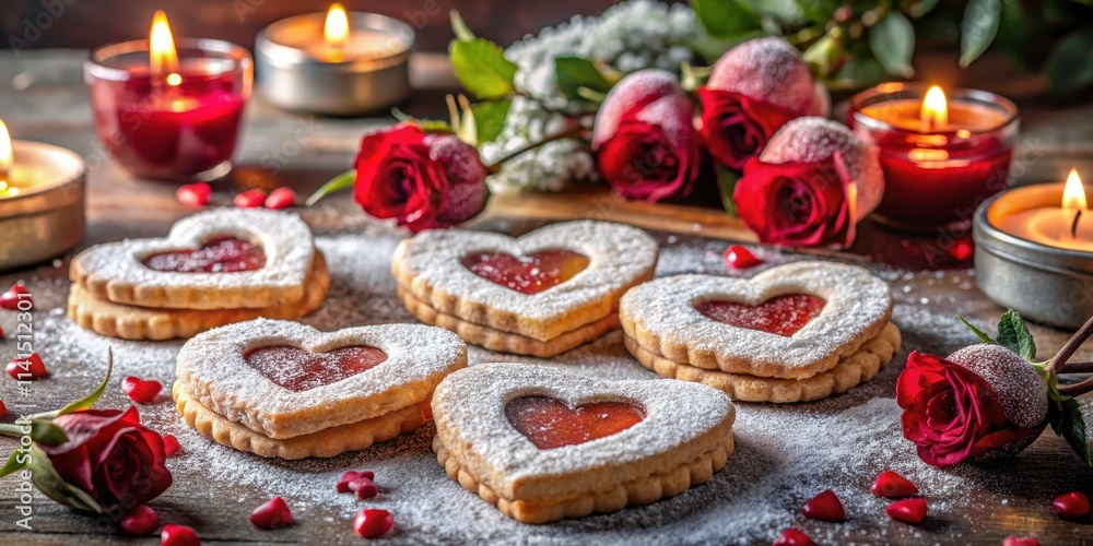 Romantic Heart-Shaped Linzer Cookies for Valentine's Day Delight with Sweet Jam Filling and Dusting of Powdered Sugar, Perfect for Celebrating Love and Affection