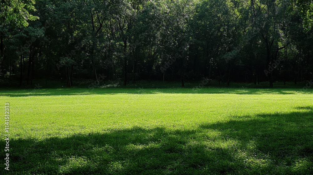 Obraz premium Lush Green Meadow Surrounded by Dense Trees in Bright Daylight Setting