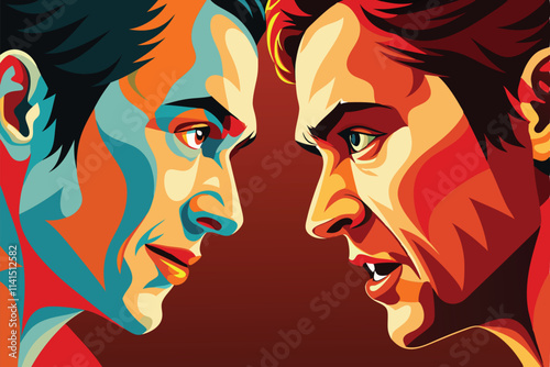 Two men face each other intensely, displaying a strong emotional confrontation with remarkable colors Eye to eye, conflict, confrontation,