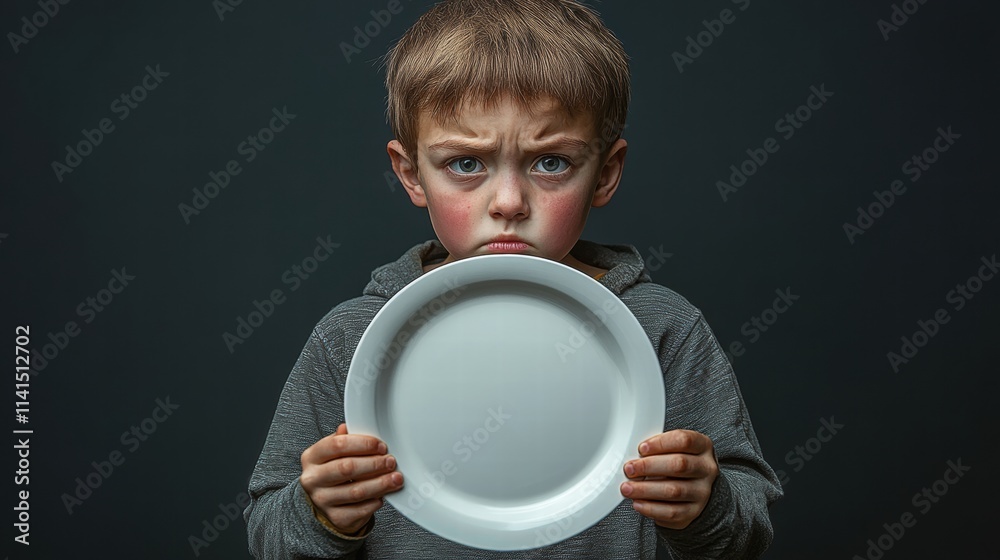 Sad Boy Holding Empty Plate Reflecting Hunger and Discontentment Sad Boy Holding Empty Plate Reflecting Hunger and Discontentment