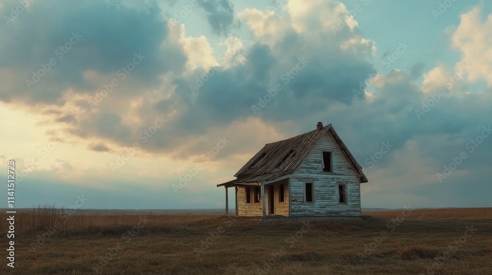 A solitary, weathered house stands in an open field under a dramatic sky. A solitary, weathered house stands in an open field under a dramatic sky.