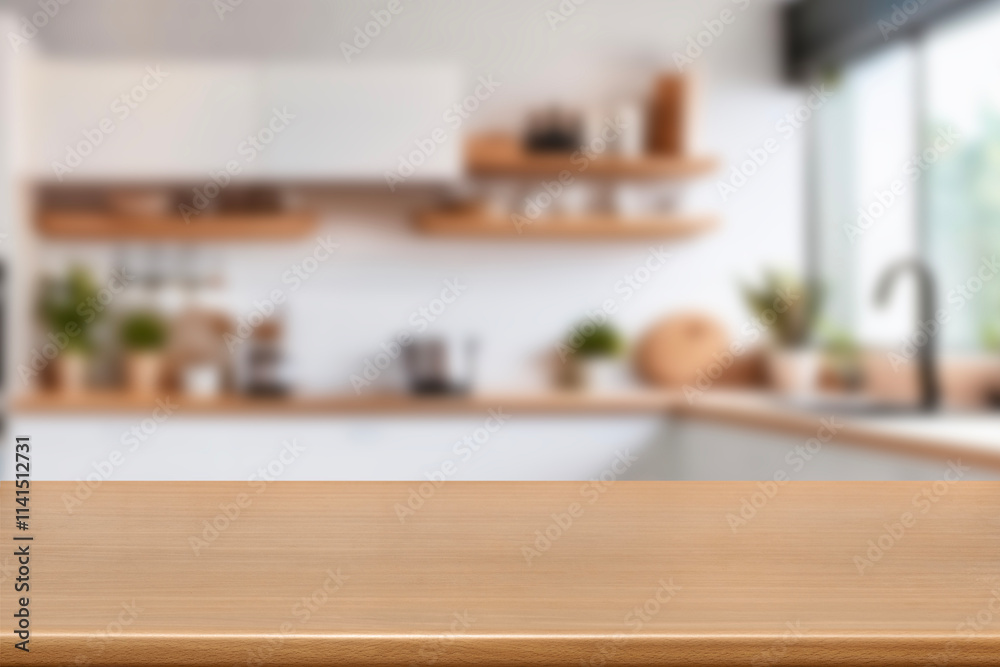 Kitchen wood table top for product display with blurred modern interior. Wooden tabletop over defocused kitchen background. kitchen furniture and desk space. product promotion in the kitchen Kitchen wood table top for product display with blurred modern interior. Wooden tabletop over defocused kitchen background. kitchen furniture and desk space. product promotion in the kitchen
