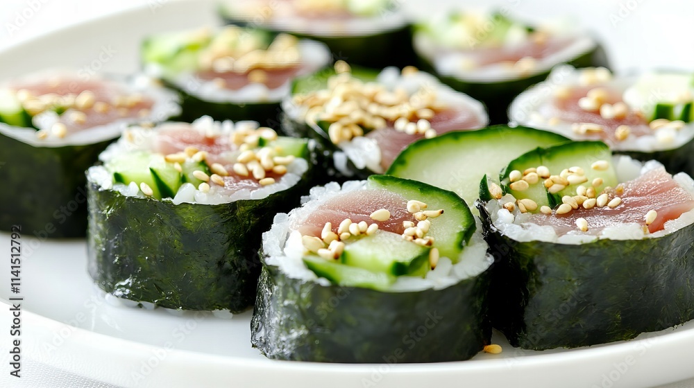 Close-up of sushi rolls with precise cuts of tuna and cucumber, garnished with sesame seeds, presented elegantly on a white plate with a plain backdrop Close-up of sushi rolls with precise cuts of tuna and cucumber, garnished with sesame seeds, presented elegantly on a white plate with a plain backdrop