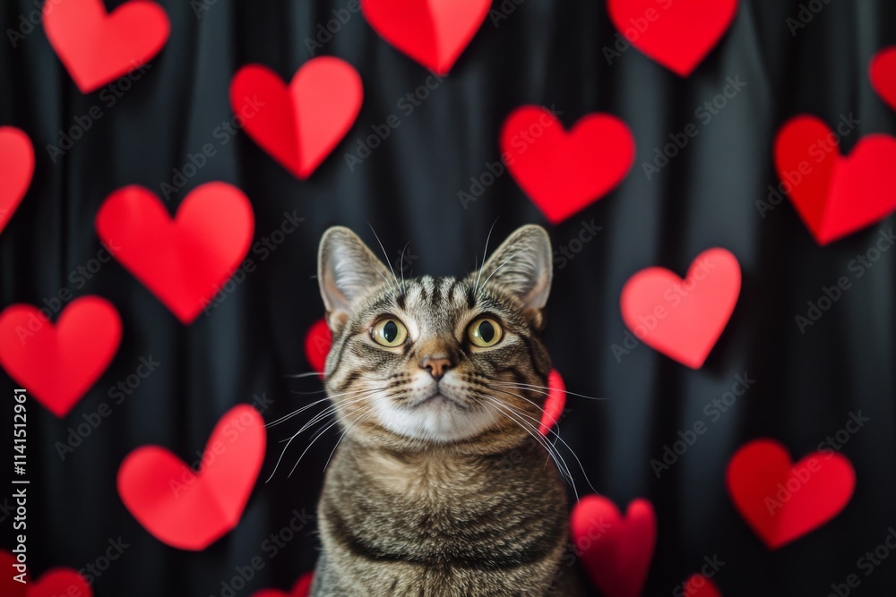 close-up of cat surrounded by red paper hearts on black curtain background, Valentine's Day concept close-up of cat surrounded by red paper hearts on black curtain background, Valentine's Day concept
