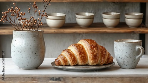 A French cafe-inspired coffee set with a plain croissant, charming detail, elegant and simple layout, isolated on white background