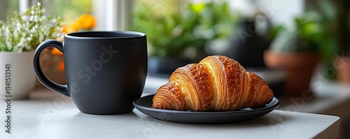 A black coffee mug with a crescent-shaped croissant, contrasting light and shadow, realistic details, perfect for commercial use, isolated on white background