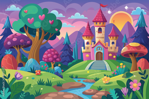 A colorful fairytale setting featuring a castle surrounded by lush trees, flowers, and a winding stream at dusk Fairytale Parallax Background,
