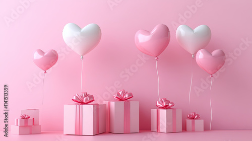 Heart shaped balloons flying with gift boxes Valentine's Day Love concept
