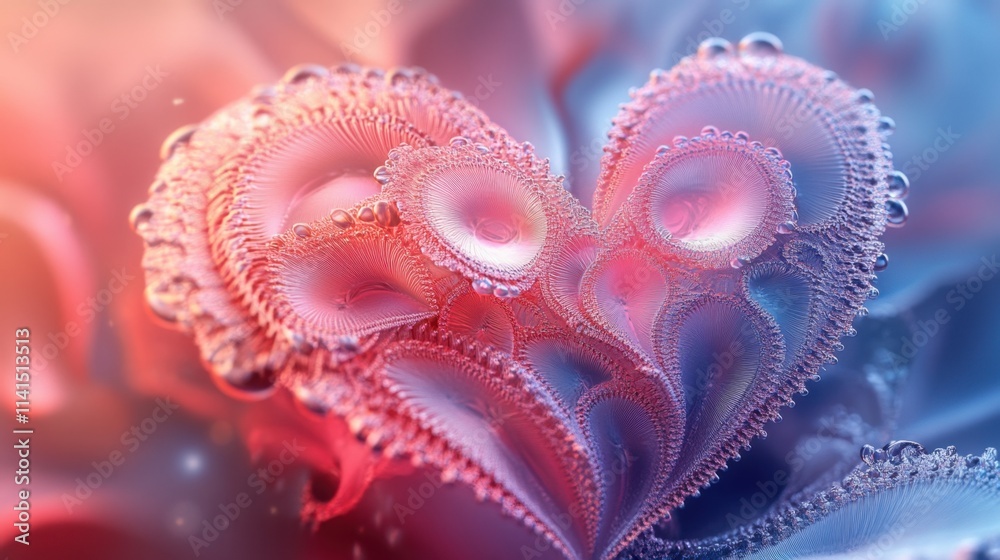 Obraz premium A vibrant, abstract heart design in pink and blue hues, resembling bubbles or droplets, set against a soft, flowing background.