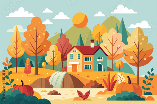 A charming house surrounded by warm autumn colors, with trees, pumpkins, and a flowing stream Fall is coming Customizable Flat Illustration