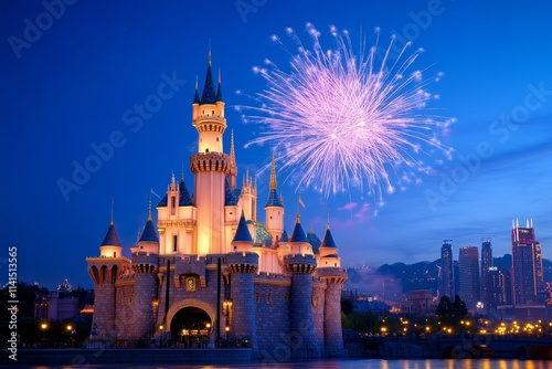 Wallpaper Mural A magical fireworks show over a theme park castle, with bursts of light creating fantastical shapes Torontodigital.ca