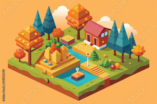 Autumn colors fill a serene landscape with a cabin beside a stream and vibrant trees Fall is coming Customizable Isometric Illustration