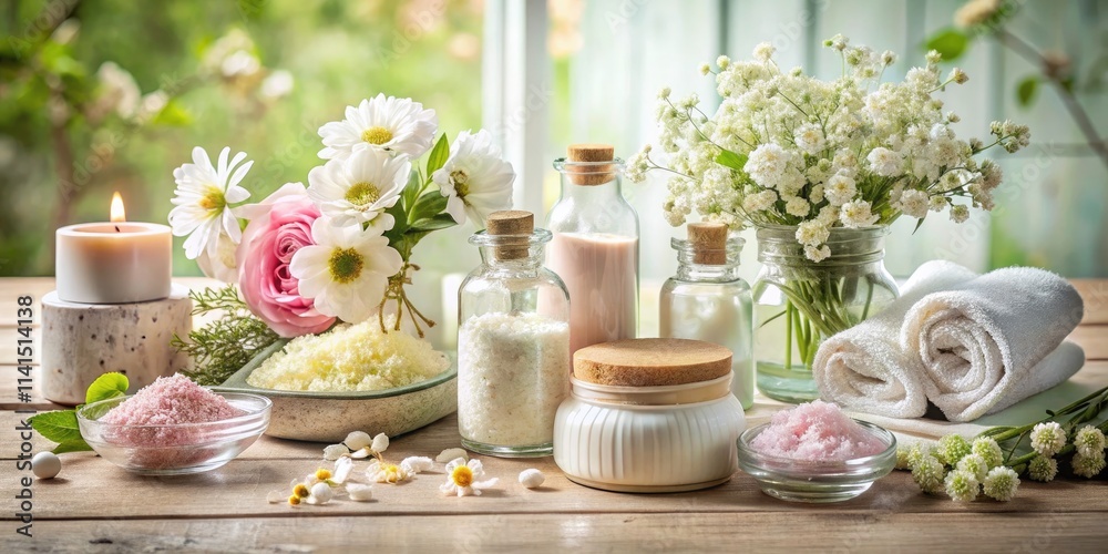 Serene Still Life of Skin Care Essentials: Bath Salts, Cleansers, Moisturizers, and Fresh Florals for a Luxurious Self-Care Experience Serene Still Life of Skin Care Essentials: Bath Salts, Cleansers, Moisturizers, and Fresh Florals for a Luxurious Self-Care Experience