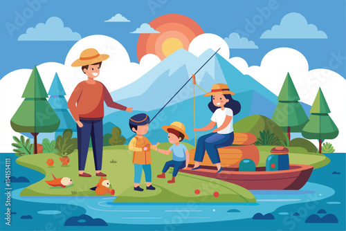 A family member teaches children to fish on a bright day by the lake Family fishing Customizable Semi Flat Illustration