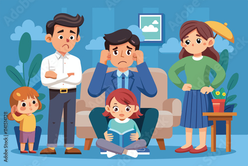 Family members express stress and concern while discussing issues in their cozy living room Family stress Customizable Cartoon Illustration
