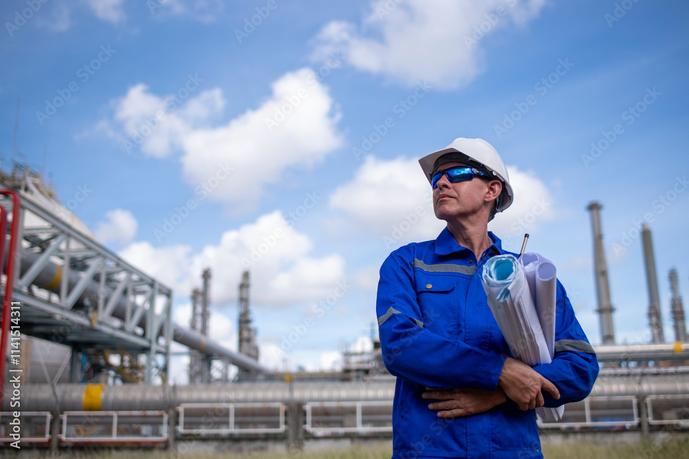 Engineers wearing safety gear, including hard hats examining survey detail standing industrial facility gas or oil refinery engaged in a job requires high safety standards concept. Engineers wearing safety gear, including hard hats examining survey detail standing industrial facility gas or oil refinery engaged in a job requires high safety standards concept.