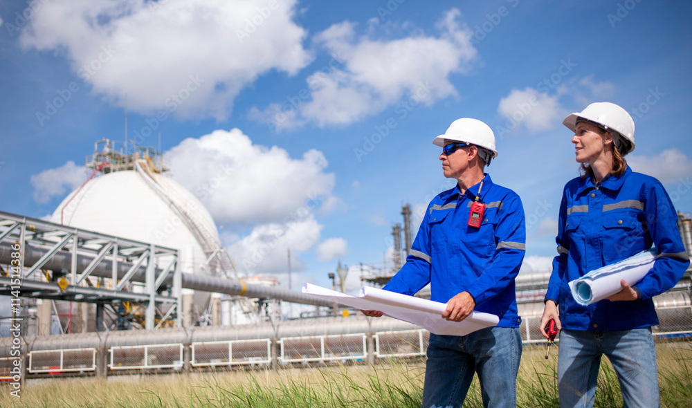 Engineers wearing safety gear, including hard hats examining survey detail standing industrial facility gas or oil refinery engaged in a job requires high safety standards concept. Engineers wearing safety gear, including hard hats examining survey detail standing industrial facility gas or oil refinery engaged in a job requires high safety standards concept.