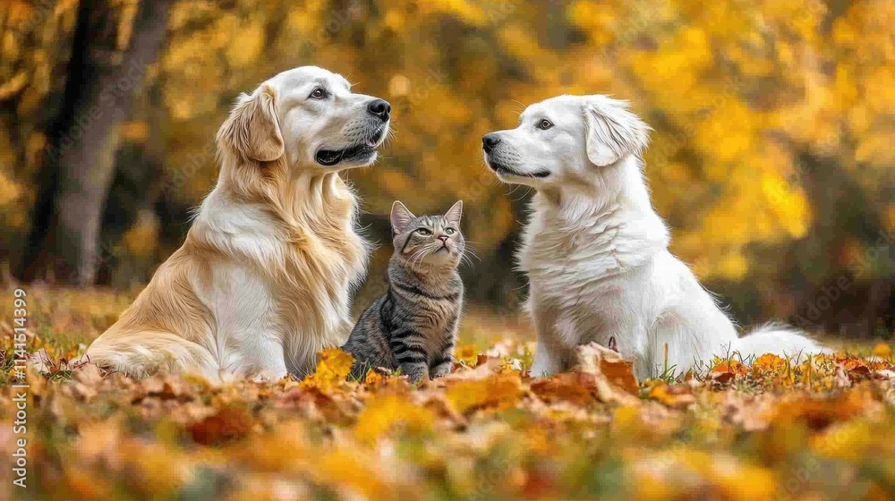 Cute Golden Retrievers and a Cat Sitting Together in Autumn Leaves Cute Golden Retrievers and a Cat Sitting Together in Autumn Leaves