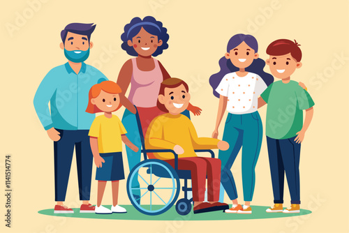 A family stands united, showing love and support for their disabled parent in a colorful, uplifting setting Family with a disabled parent Customizable Disproportionate Illustration
