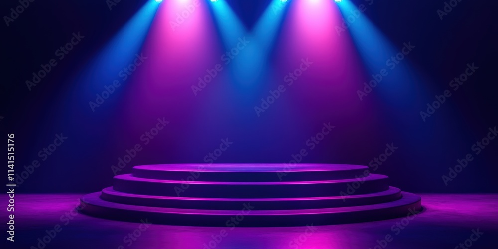 Minimalist Podium with Smooth Edges on Gradients of Blue and Purple Light, Ideal for Presentations, Events, or Artistic Displays