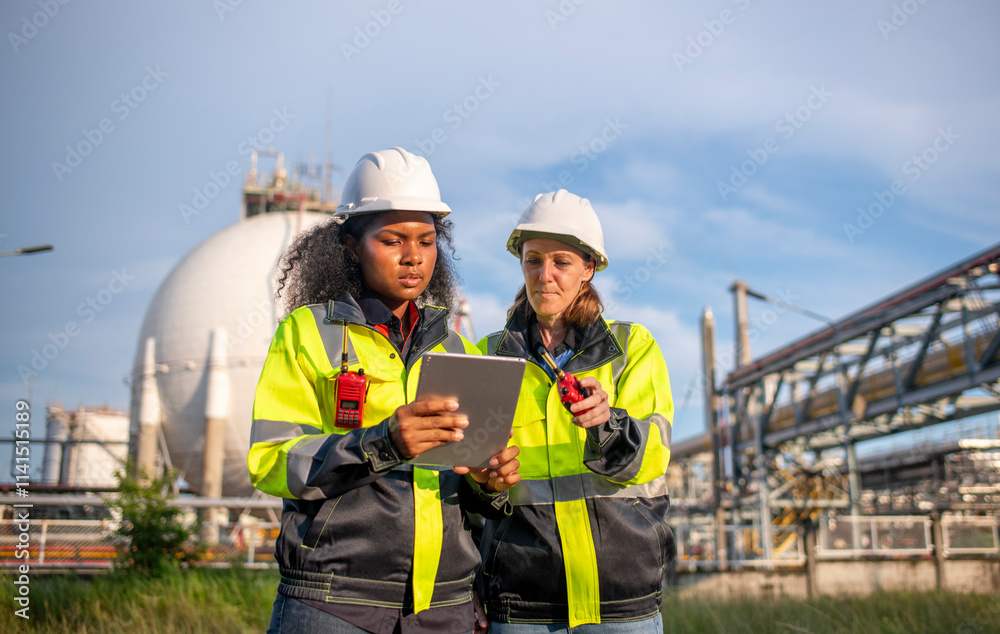 Engineers wearing safety gear, including hard hats examining survey a large blueprint tablet standing industrial facility gas or oil refinery engaged in a job requires high safety standards concept.