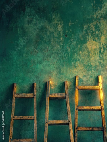 Three Wooden Ladders Against Green Wall photo