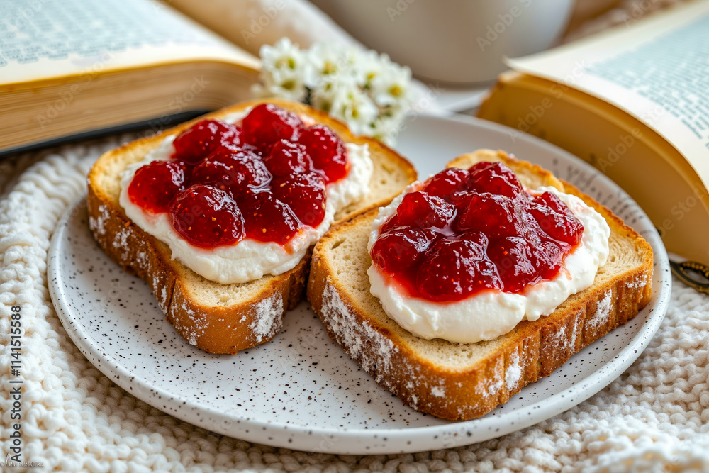 A white plate topped with two slices of bread covered in jam A white plate topped with two slices of bread covered in jam