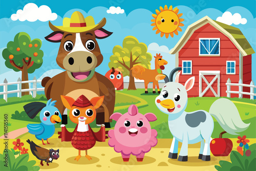 Cartoon farm animals playfully interact on a sunny day outside a bright red barn Farm animals Customizable Cartoon Illustration