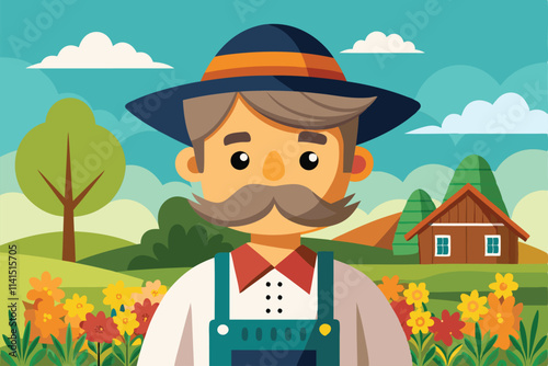 A farmer stands proudly in a field of flowers with a quaint house in the background on a sunny day Farmer Customizable Cartoon Illustration