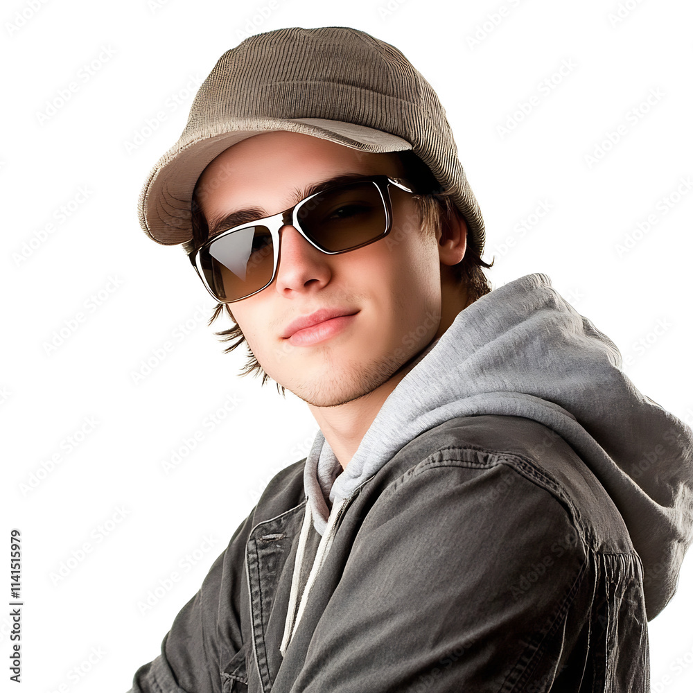 Stylish young man in casual outfit with hat and sunglasses posing confidently in urban setting Stylish young man in casual outfit with hat and sunglasses posing confidently in urban setting