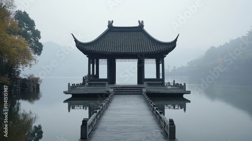 Wallpaper Mural A serene pavilion on a misty lake, reflecting tranquility and harmony with nature. Torontodigital.ca