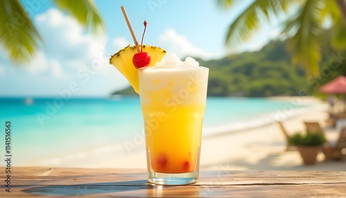 Virgin Piña Colada in Cocktail Glass with Pineapple and Cherry