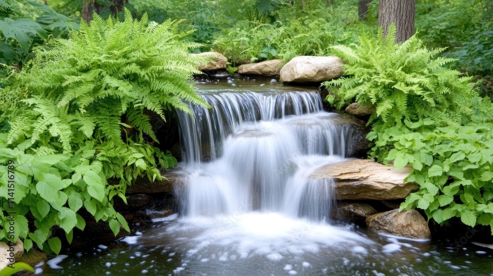 Serene waterfall surrounded by lush greenery and ferns. Serene waterfall surrounded by lush greenery and ferns.
