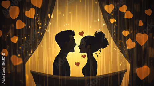 A light-hearted cartoon of a couple, silhouettes behind bathroom curtain, enjoying a playful, intimate moment with heart shapes