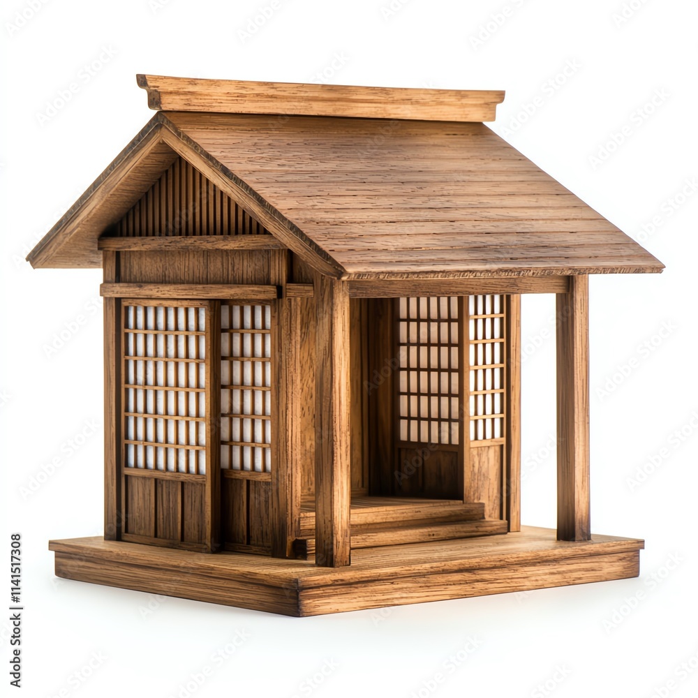 A beautifully crafted wooden house with traditional design elements, featuring shoji windows and a sloped roof. Perfect for architectural or cultural themes. white background. A beautifully crafted wooden house with traditional design elements, featuring shoji windows and a sloped roof. Perfect for architectural or cultural themes. white background.