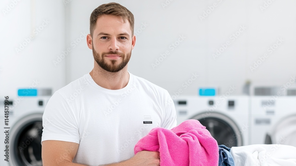 Man holding colorful laundry in a modern laundromat setting. Man holding colorful laundry in a modern laundromat setting.