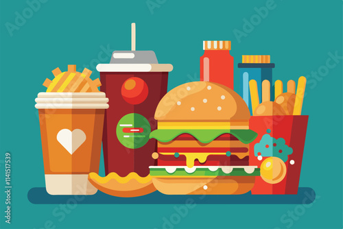 Enjoy a variety of customizable fast food items, including burgers, fries, and drinks, presented creatively Fast food Customizable Flat Illustration