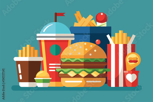 A colorful array of fast food items including a burger, fries, and drinks arranged together Fast food Customizable Flat Illustration