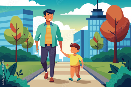 A father and son stroll together on a pleasant day through a vibrant city park Father and Son walking on road illustration