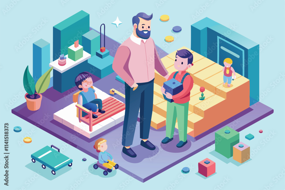 A father engages with his children in a vibrant, playful setting filled with toys Fatherhood Customizable Isometric Illustration A father engages with his children in a vibrant, playful setting filled with toys Fatherhood Customizable Isometric Illustration