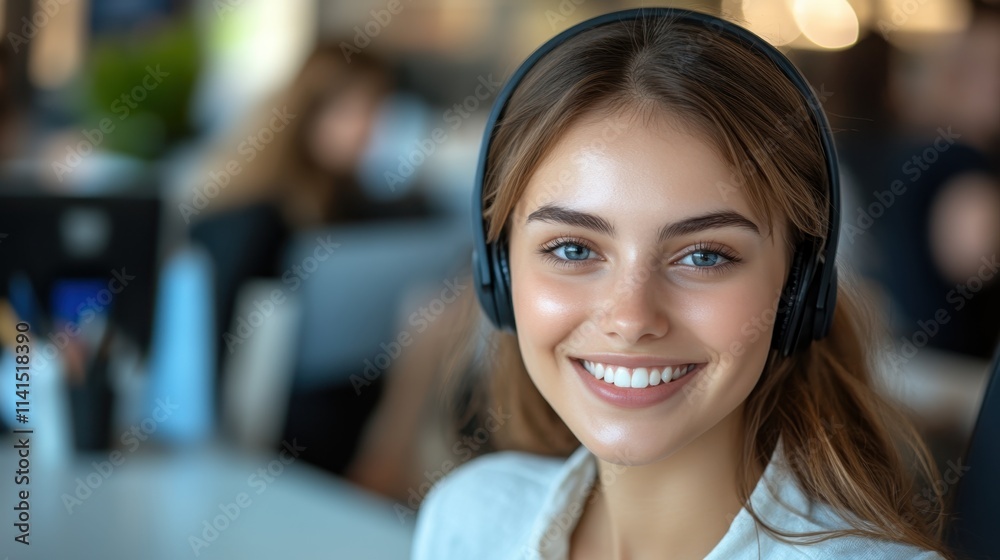Smiling Call Center Agent Engaged During Client Call with Headset in Modern Office Environment
