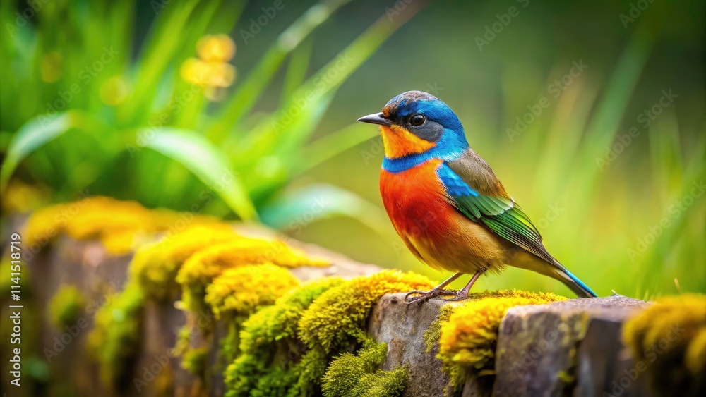 Obraz premium Tilt-Shift Photography of a Serene Bird Perched on a Stone Wall, Capturing Nature's Beauty in Miniature Detail, Ideal for Nature Lovers and Photography Enthusiasts