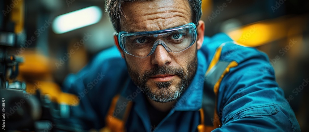 Focused worker in safety gear at workshop Focused worker in safety gear at workshop