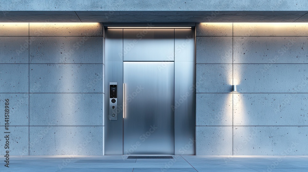 High-tech front door with silver finish, automatic sensors, and minimalist concrete walls. High-tech front door with silver finish, automatic sensors, and minimalist concrete walls.