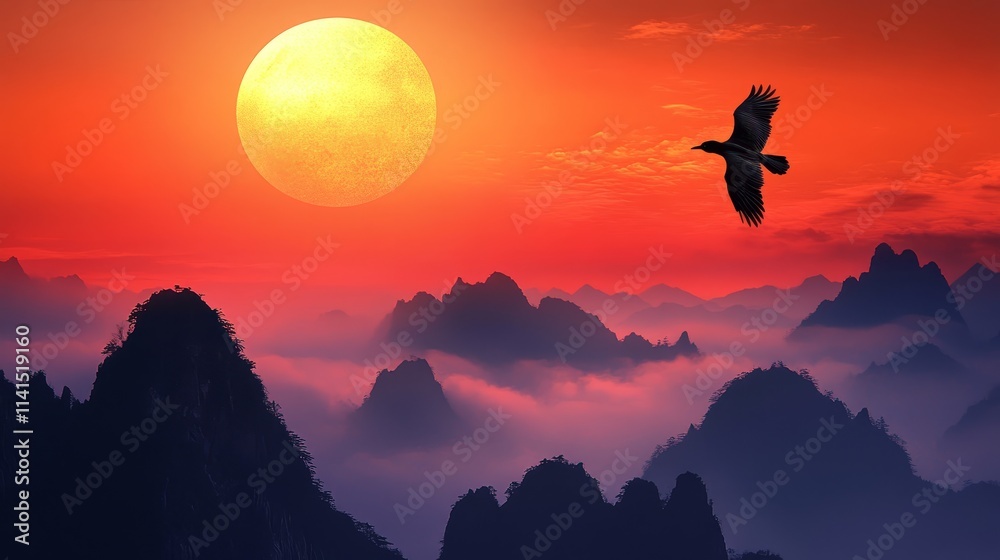 A serene sunset over mountain, nature, background with a lone bird flying in the foreground. A serene sunset over mountain, nature, background with a lone bird flying in the foreground.