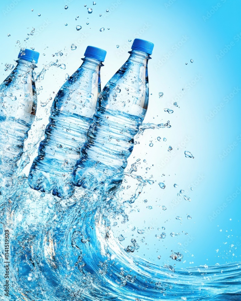 Refreshing bottled water splash action against blue background water photography dynamic Refreshing bottled water splash action against blue background water photography dynamic