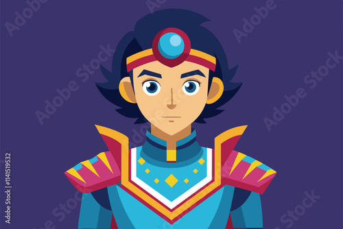 A heroic character stands confidently, adorned in colorful armor, gazing with determination Feed Customizable Disproportionate Illustration
